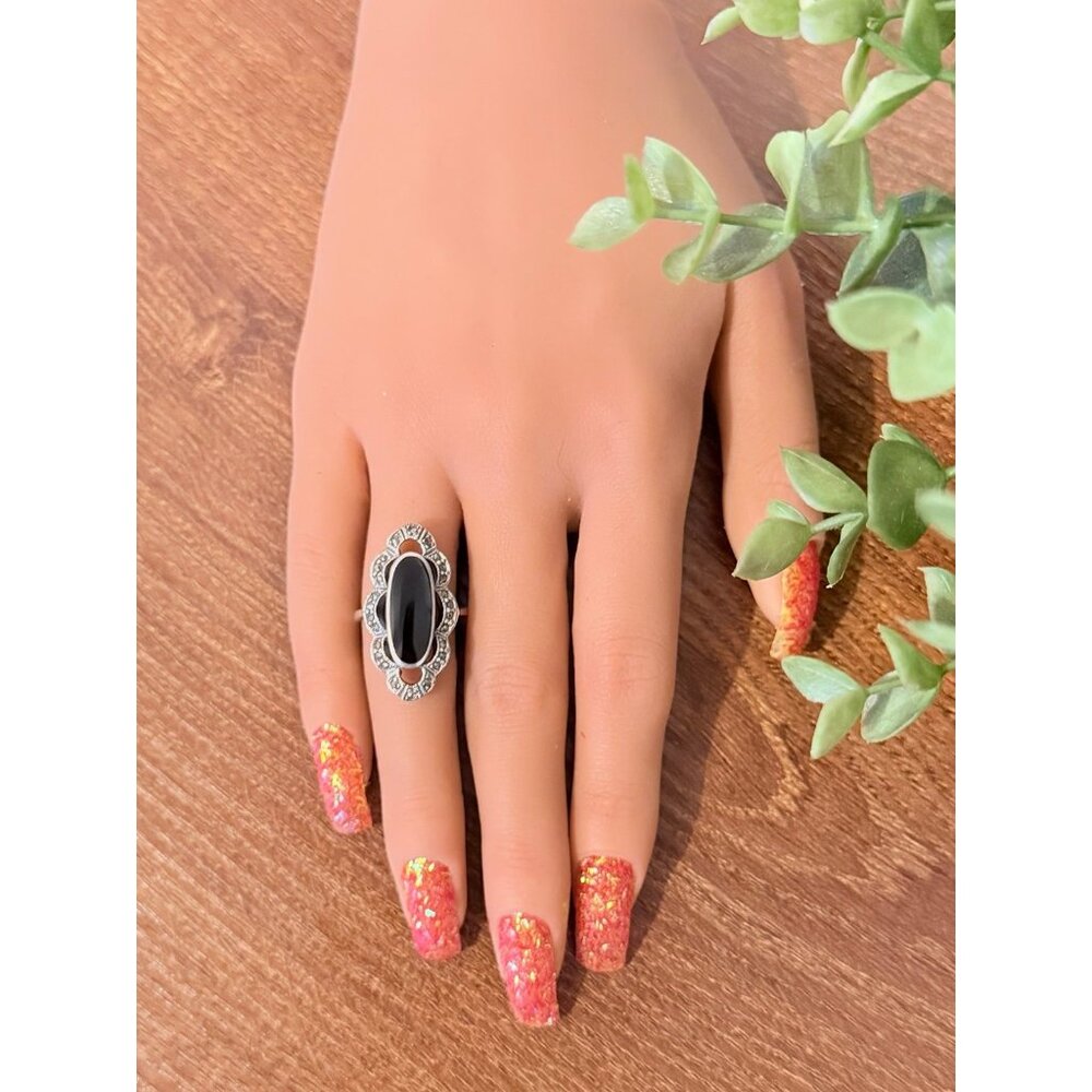 Elongated Onyx/Marcasite Silver 925 Ring View 6